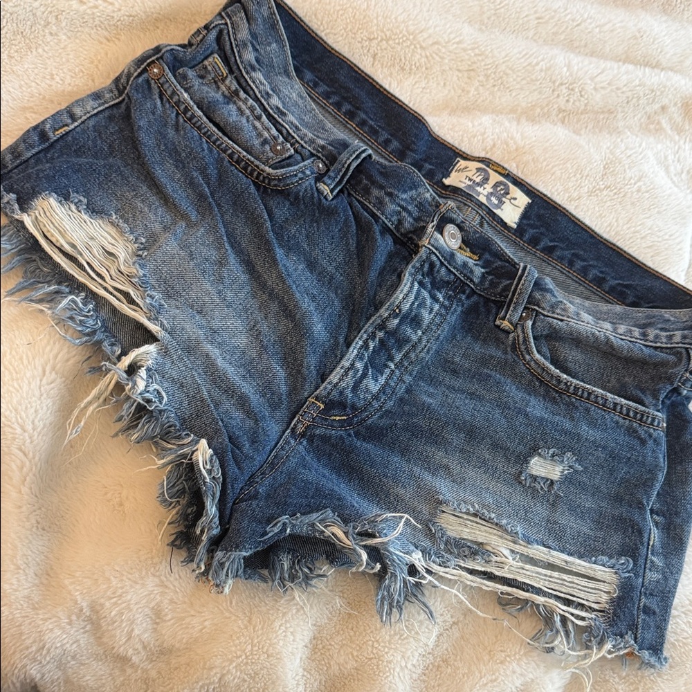 We The Free Blue Distressed Jean Shorts